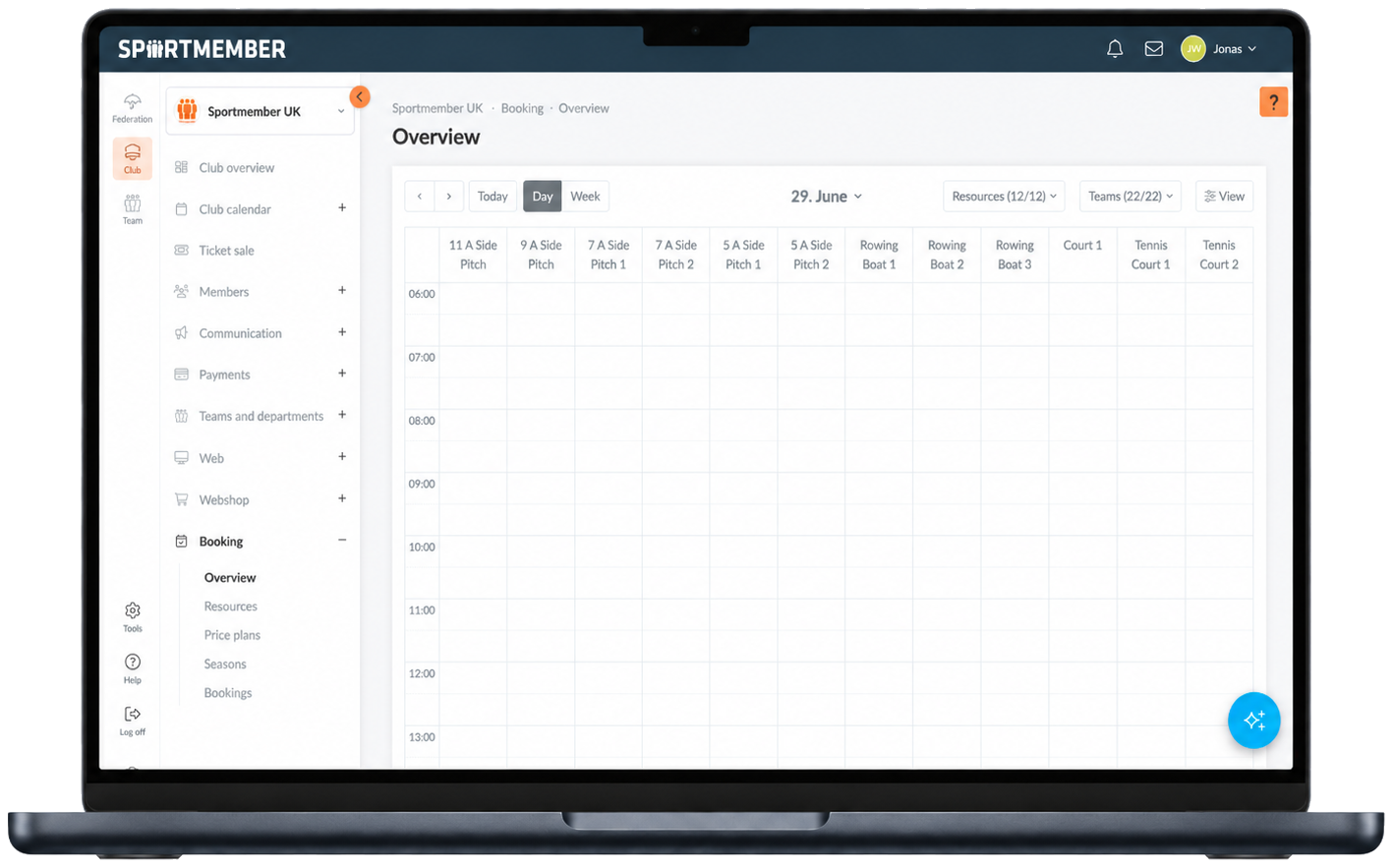 Booking overview in the SportMember web admin – resources, times and reservations across the week